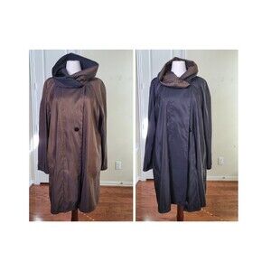 MYCRA PAC Reversible Packable Raincoat Women M/L Pleated Hood Brown Black NEW